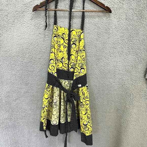 Bambino Amore bib apron yellow blue geometric polka dot pocket tie retro boho - Picture 5 of 5